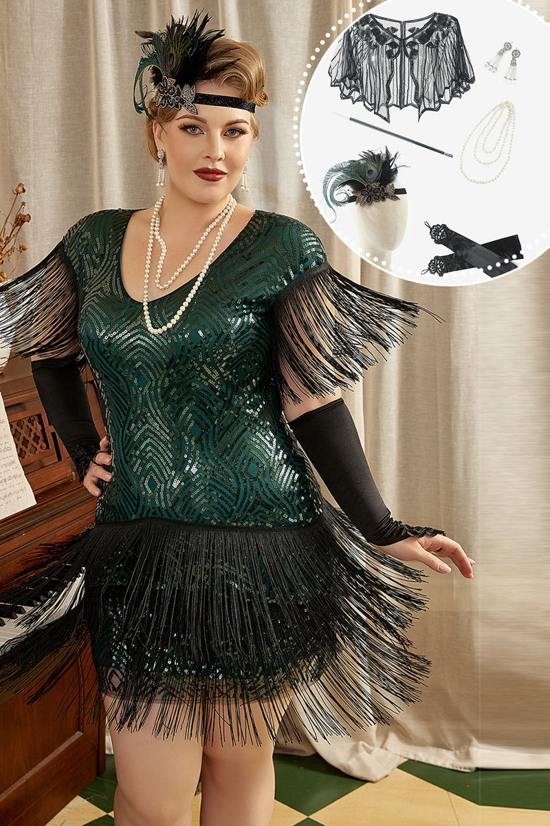 Zapaka Kvinder Grøn Plus Size 1920'erne Pailletter frynser Gatsby kjole med 20'erne Acessories Set ZAPAKA DA