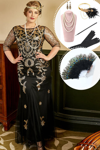 Sort og gylden Plus Size 1920'erne Gatsby kjole med 20'er Acessories sæt