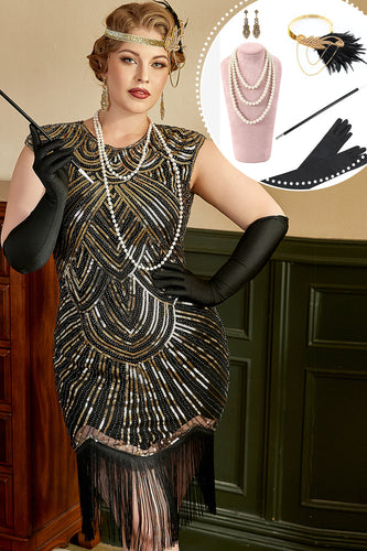 Golden Pailletter Plus Size 1920'erne Gatsby kjole med 20'erne Acessories Set