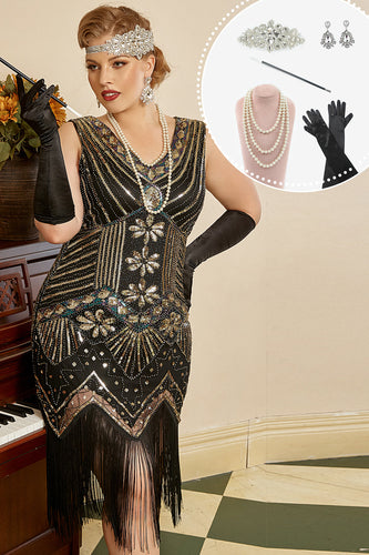 Sorte gyldne pailletter Plus Size 1920'erne Gatsby kjole med 20'er Acessories Set
