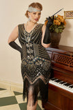 Sorte gyldne pailletter Plus Size 1920'erne Gatsby kjole med 20'er Acessories Set