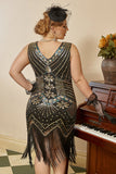 Sorte gyldne pailletter Plus Size 1920'erne Gatsby kjole med 20'er Acessories Set