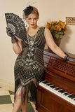 Sorte gyldne pailletter Plus Size 1920'erne Gatsby kjole med 20'er Acessories Set