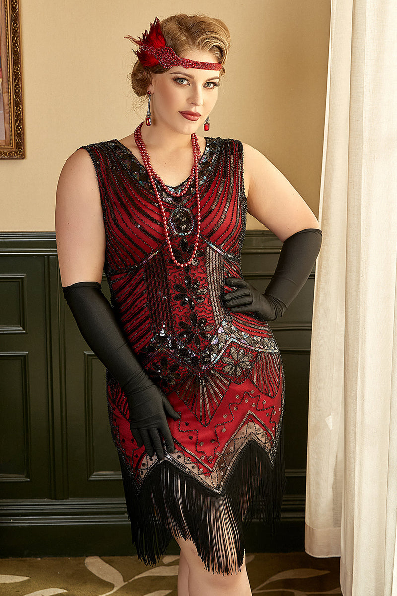 Indlæs billede til gallerivisning Rød Plus Size 1920&#39;erne Gatsby kjole med 20&#39;er Acessories Set