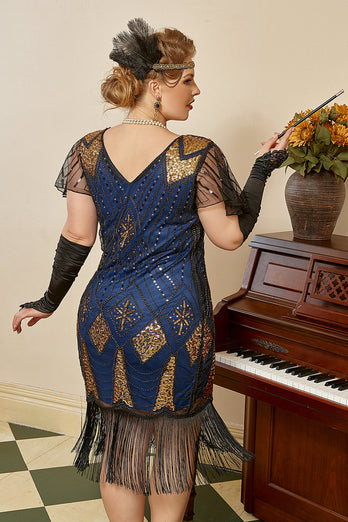 Royal Blue Plus Size 1920'erne Gatsby kjole med 20'er Acessories Set