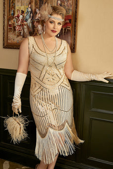 Abrikos Plus Size 1920'erne Gatsby kjole med 20'er Acessories Set