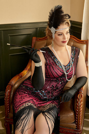 Fuchsia pailletter 1920'erne Plus Size kjole med 20'erne tilbehør sæt