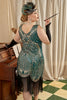 Indlæs billede til gallerivisning Gylden og grøn Plus Size kjole fra 1920&#39;erne med 20&#39;er tilbehørssæt