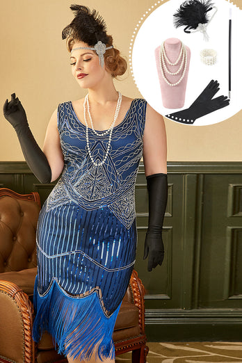 Royal Blue Sequined 1920s Plus Size Gatsby kjole med 20'erne tilbehør sæt