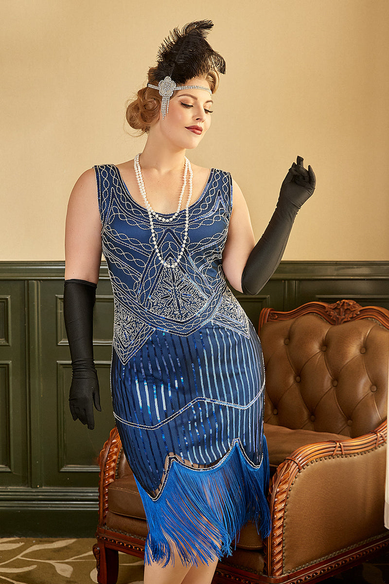 Indlæs billede til gallerivisning Royal Blue Sequined 1920s Plus Size Gatsby kjole med 20&#39;erne tilbehør sæt