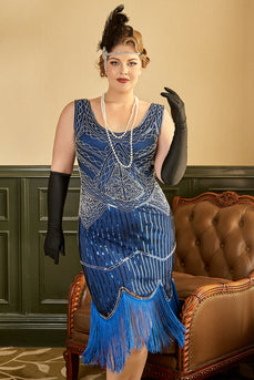 Royal Blue Sequined 1920s Plus Size Gatsby kjole med 20'erne tilbehør sæt
