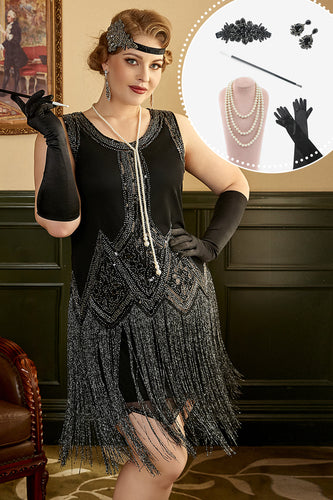 Sorte frynser 1920'erne Plus Size Gatsby kjole med 20'erne tilbehør sæt