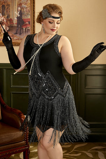 Sorte frynser 1920'erne Plus Size Gatsby kjole med 20'erne tilbehør sæt