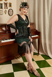 Mørkegrøn sequined 1920'erne Plus Size Flapper Dress med 20'erne tilbehør sæt