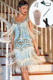 Sparkly Blue Sequined 1920'erne Flapper Dress med 20'er tilbehør