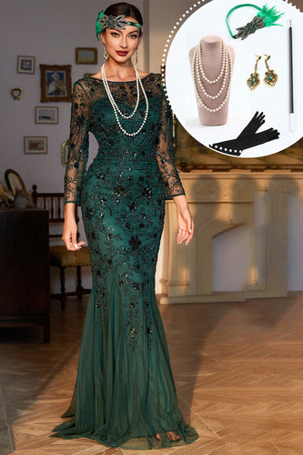 Sparkly mørkegrøn sequined lang 1920'erne flapper kjole med 20'erne tilbehør