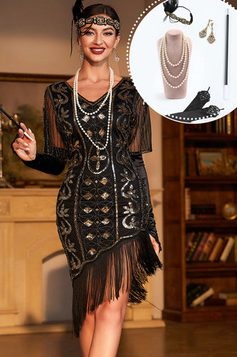 Glitrende sorte pailletter Flapper kjole fra 1920'erne med tilbehør fra 20'erne