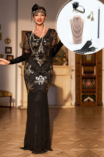Sort Sequined Fringed Long 1920'erne Gatsby kjole med tilbehør sæt