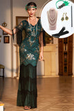 Mørkegrøn Sequined Fringed Long 1920'erne Gatsby kjole med tilbehør sæt