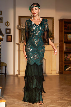 Mørkegrøn Sequined Fringed Long 1920'erne Gatsby kjole med tilbehør sæt