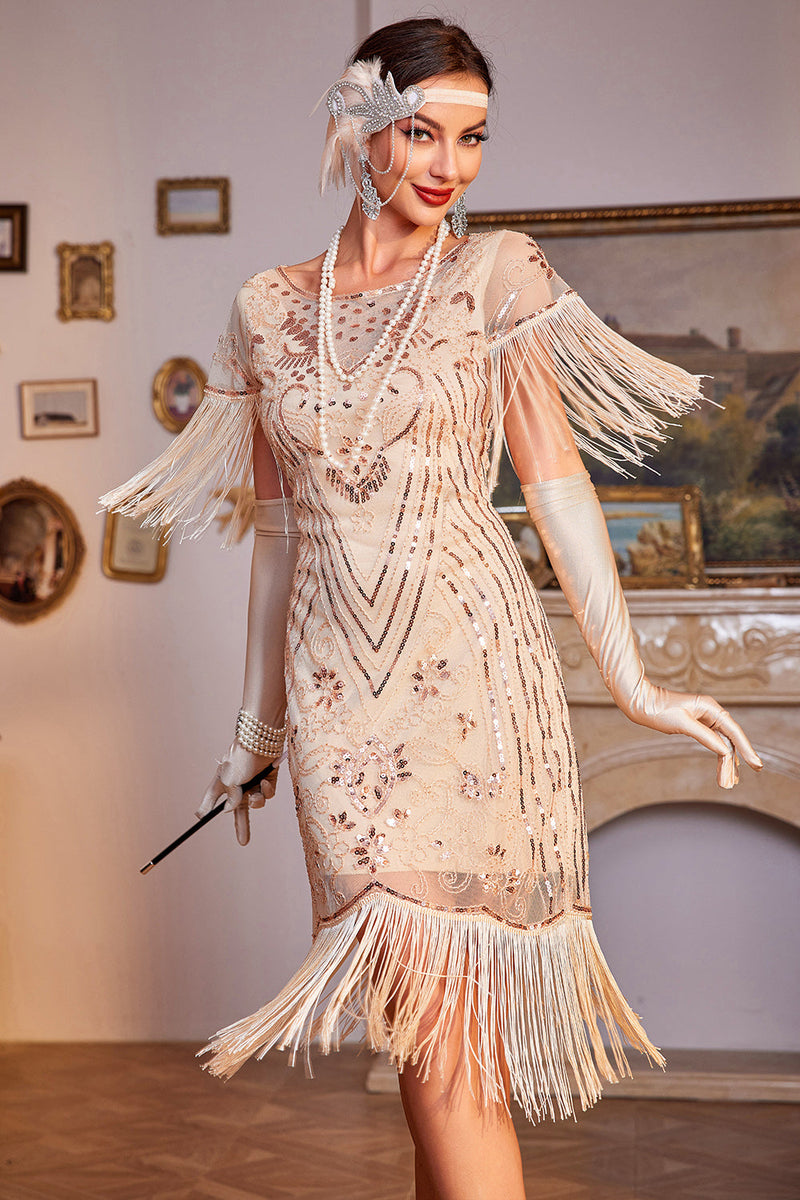 Indlæs billede til gallerivisning Glitrende champagnepailletter frynsede kjole fra 1920&#39;erne med tilbehørssæt