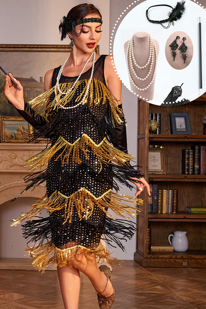 Indlæs billede til gallerivisning Glitrende sorte og gyldne pailletter frynsede kjole fra 1920&#39;erne med tilbehørssæt