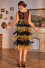 Indlæs billede til gallerivisning Glitrende sorte og gyldne pailletter frynsede kjole fra 1920&#39;erne med tilbehørssæt
