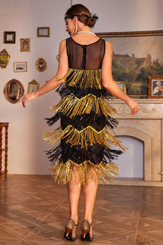 Glitrende sorte og gyldne pailletter frynsede kjole fra 1920'erne med tilbehørssæt