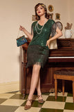 Sort, grøn, frynsede pailletter 1920'erne kjole med tilbehør sæt