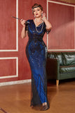 Mørkeblå pailletter med lange frynser 1920'erne kjole med tilbehørssæt