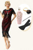 Indlæs billede til gallerivisning Sorte, røde pailletter, hætteærmer med frynser 1920&#39;erne kjole med tilbehørssæt