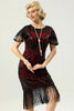 Indlæs billede til gallerivisning Sorte, røde pailletter, hætteærmer med frynser 1920&#39;erne kjole med tilbehørssæt