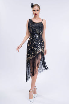 Glitrende sorte asymmetriske pailletter frynsede kjole fra 1920'erne med tilbehørssæt