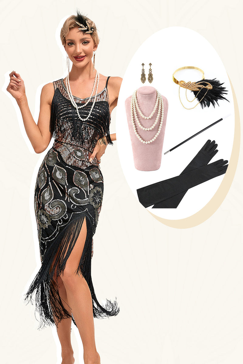 Indlæs billede til gallerivisning Glitrende sorte pailletter frynser asymmetrisk 1920&#39;erne Gatsby kjole med tilbehør sæt