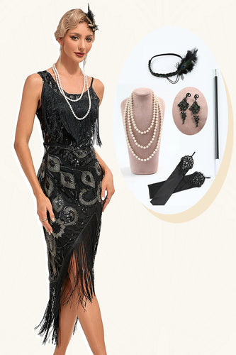 Glitter Sort Fringed Pailletter 1920'erne Gatsby kjole med 20'erne tilbehør