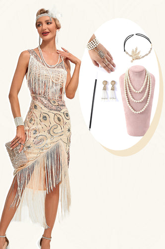 Glitrende champagnepailletter frynser asymmetrisk 1920'erne Gatsby kjole med tilbehør sæt