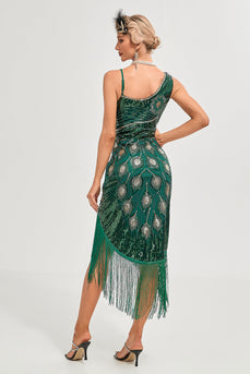 Glitrende mørkegrønne pailletter frynser asymmetrisk 1920'erne Gatsby kjole med tilbehør sæt
