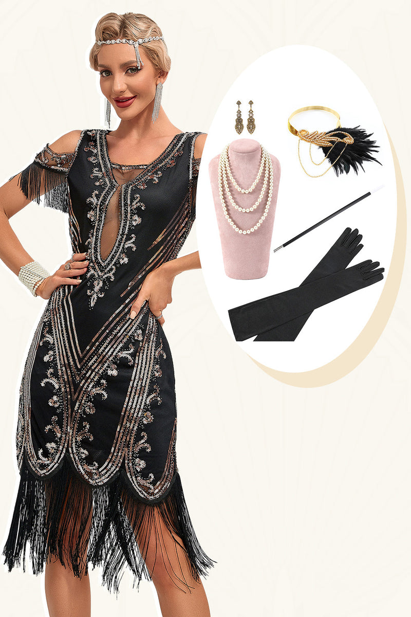 Indlæs billede til gallerivisning Glitter sorte pailletter frynser 1920&#39;erne Gatsby kjole med tilbehør sæt