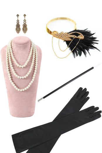 Glitter sorte pailletter frynser 1920'erne Gatsby kjole med tilbehør sæt