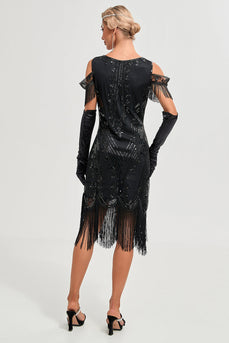 Glitter sort kold skulderpailletter frynser 1920'erne Gatsby kjole med tilbehør sæt