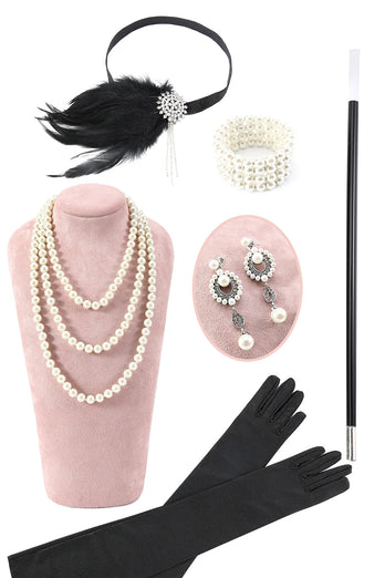 Glitter sort kold skulderpailletter frynser 1920'erne Gatsby kjole med tilbehør sæt