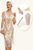 Indlæs billede til gallerivisning Glitter Champagne kold skulder Pailletter frynser 1920&#39;erne Gatsby kjole med tilbehør sæt