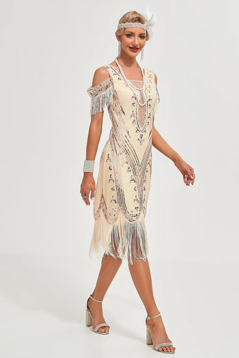 Glitter Champagne kold skulder Pailletter frynser 1920'erne Gatsby kjole med tilbehør sæt