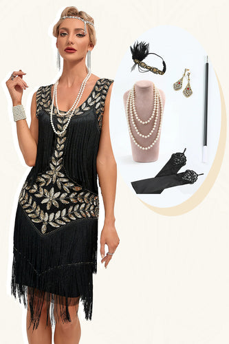 Glitter sorte pailletter frynsede 1920'erne Gatsby kjole med tilbehør sæt