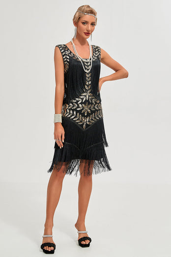 Glitter sorte pailletter frynsede 1920'erne Gatsby kjole med tilbehør sæt