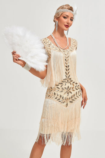 Glitter champagnepailletter frynsede 1920'erne Gatsby kjole med tilbehør sæt