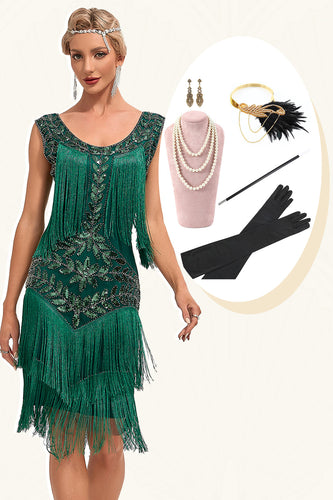 Mørkegrønne pailletter frynser Stor Gatsby kjole med tilbehør sæt