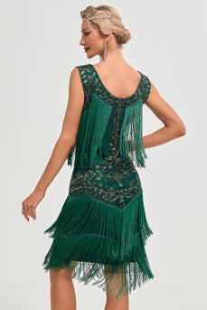 Mørkegrønne pailletter frynser Stor Gatsby kjole med tilbehør sæt