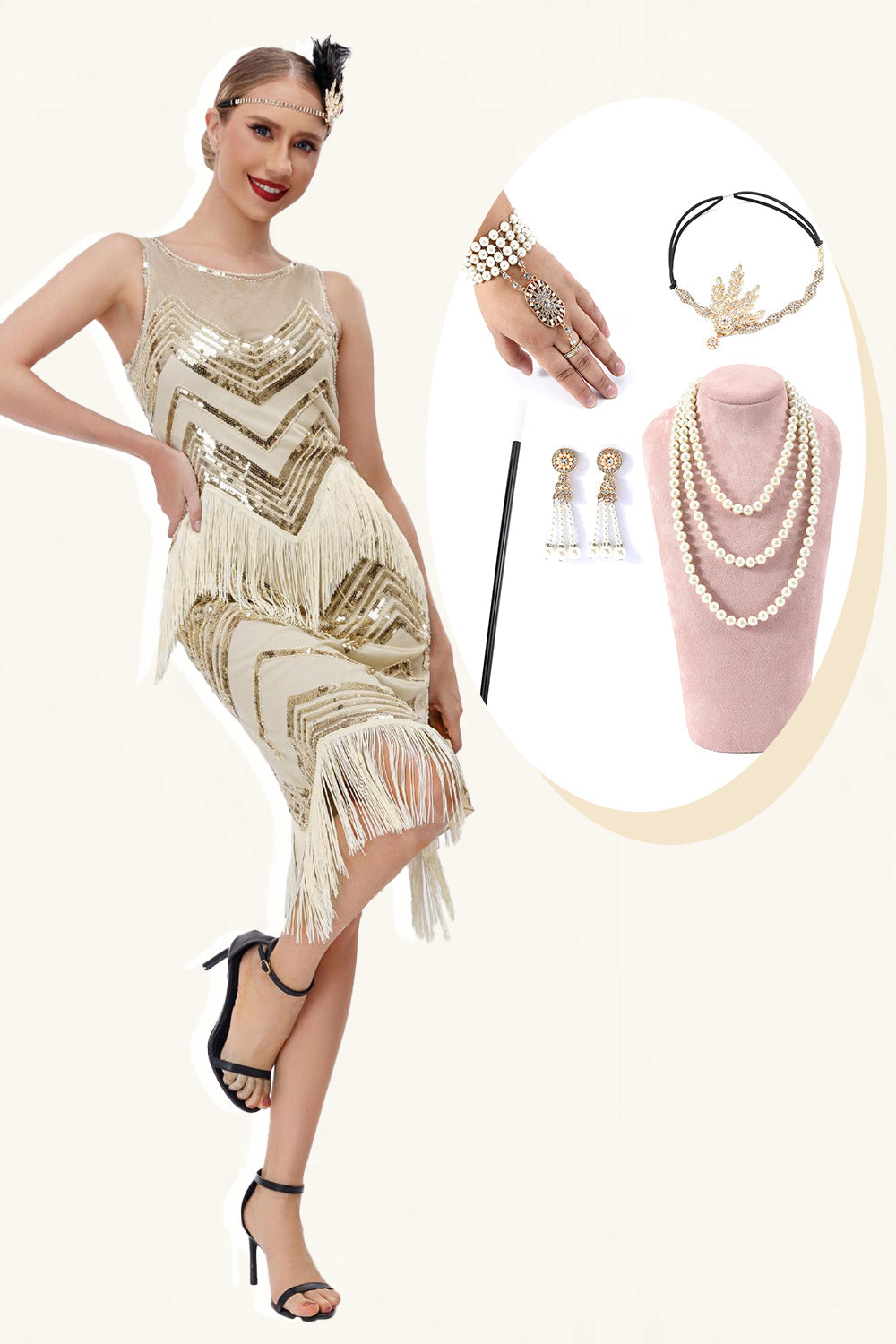 Champagne Glitter frynser Gatsby kjole med tilbehør sæt