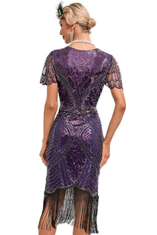 Mørk lilla perlefrynser 1920'erne kjole med tilbehør sæt